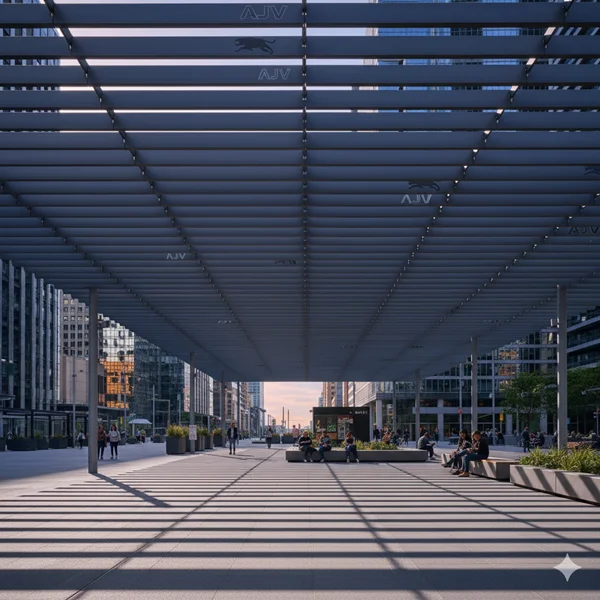 سقف لوور آلومینیومی AJV؛ تهویه طبیعی و طراحی مدرن برای فضاهای شهری